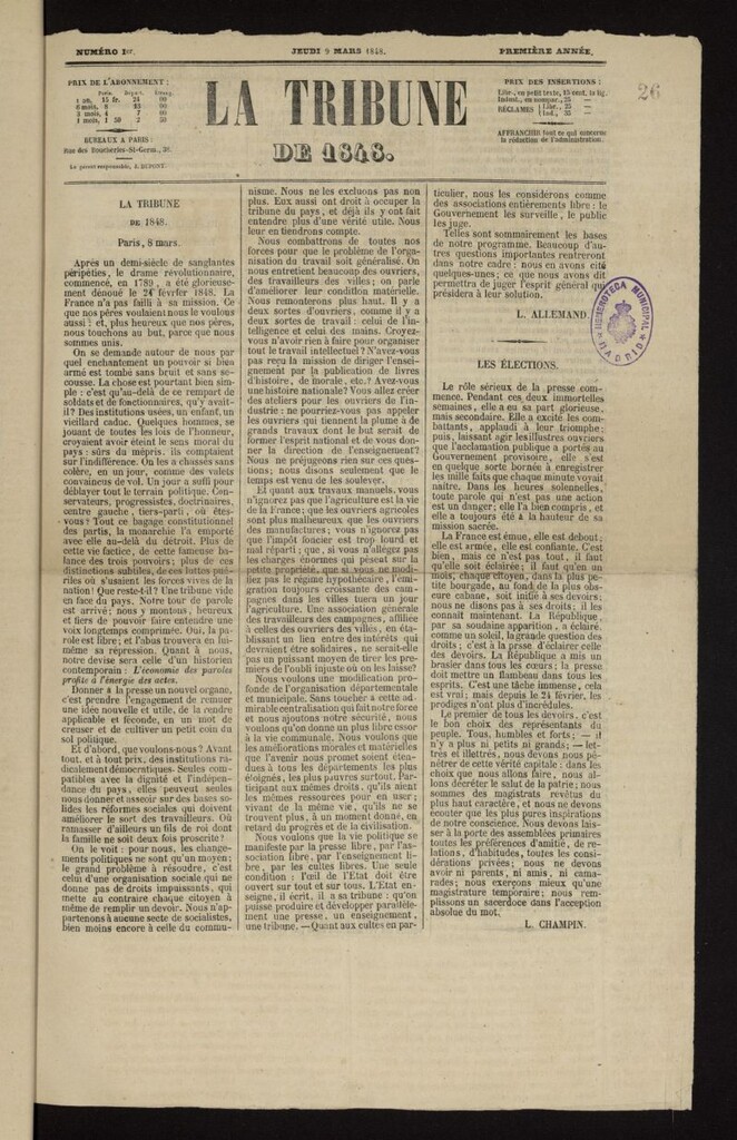 Miniatura de La Tribune de 1848 del 9 de marzo de 1848, nº 1