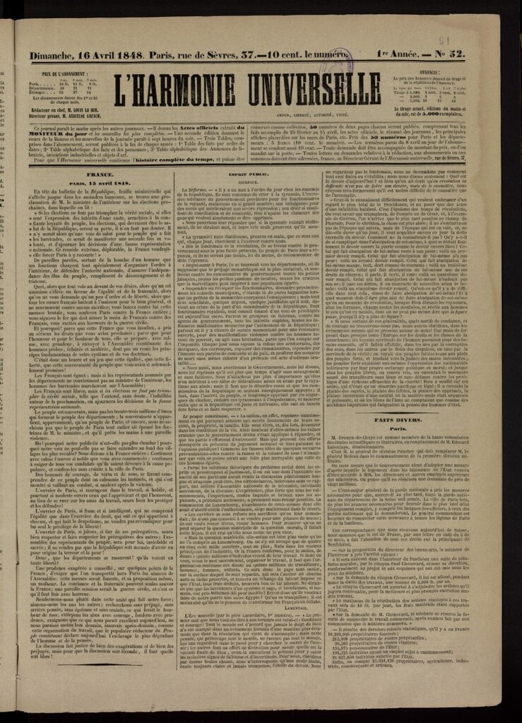 Miniatura de L´Harmonie Universelle del 16 de abril de 1848, nº 52