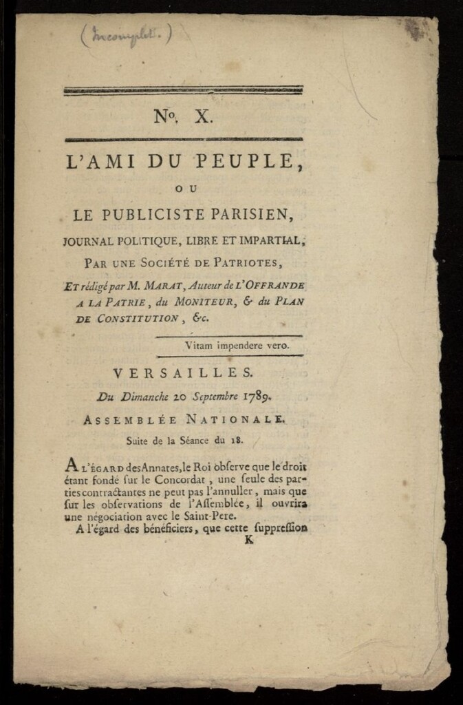 Miniatura de L´Ami du peuple del 20 de septiembre de 1789, nº 10
