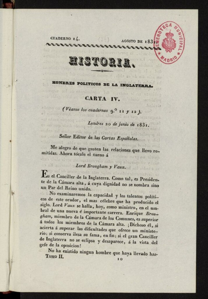 Miniatura de Cartas Españolas de agosto de 1831, cuaderno 14