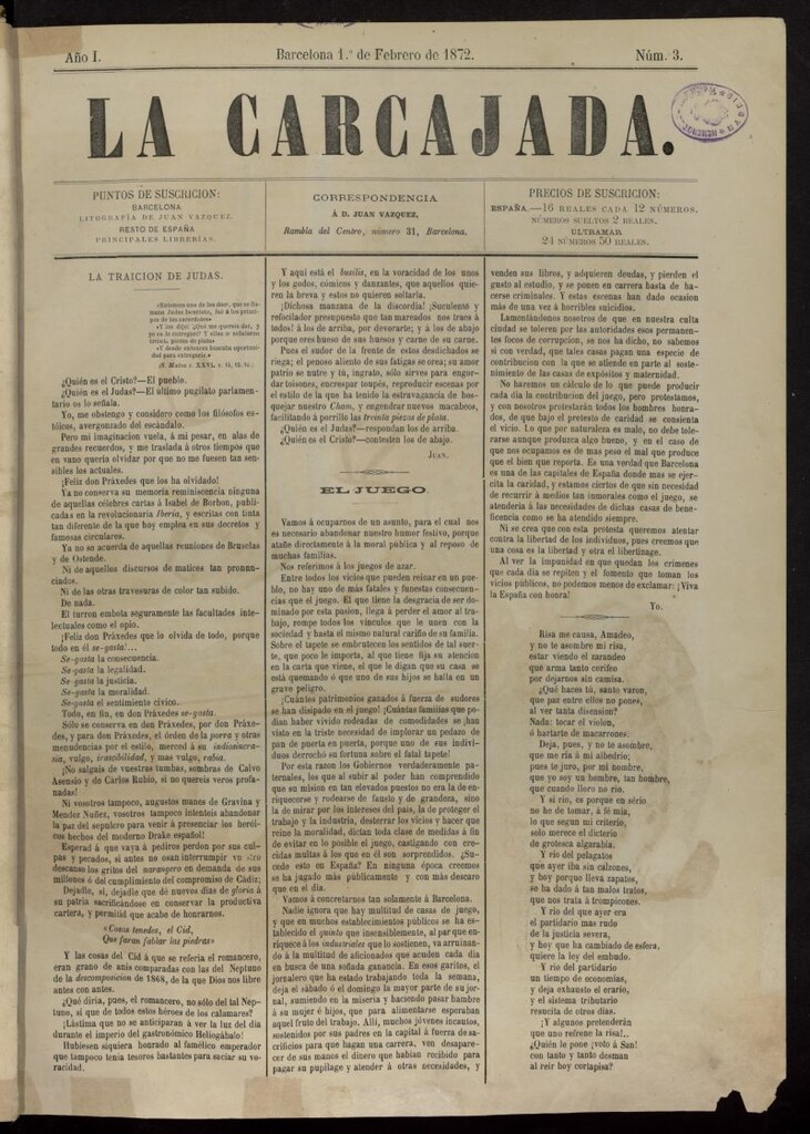 Miniatura de La Carcajada del 1 de febrero de 1872, nº 3
