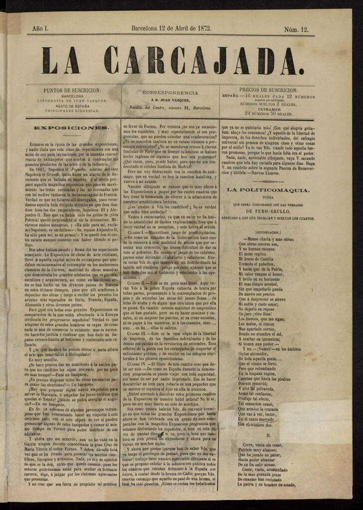 Miniatura de La Carcajada del 12 de abril de 1872, nº 12
