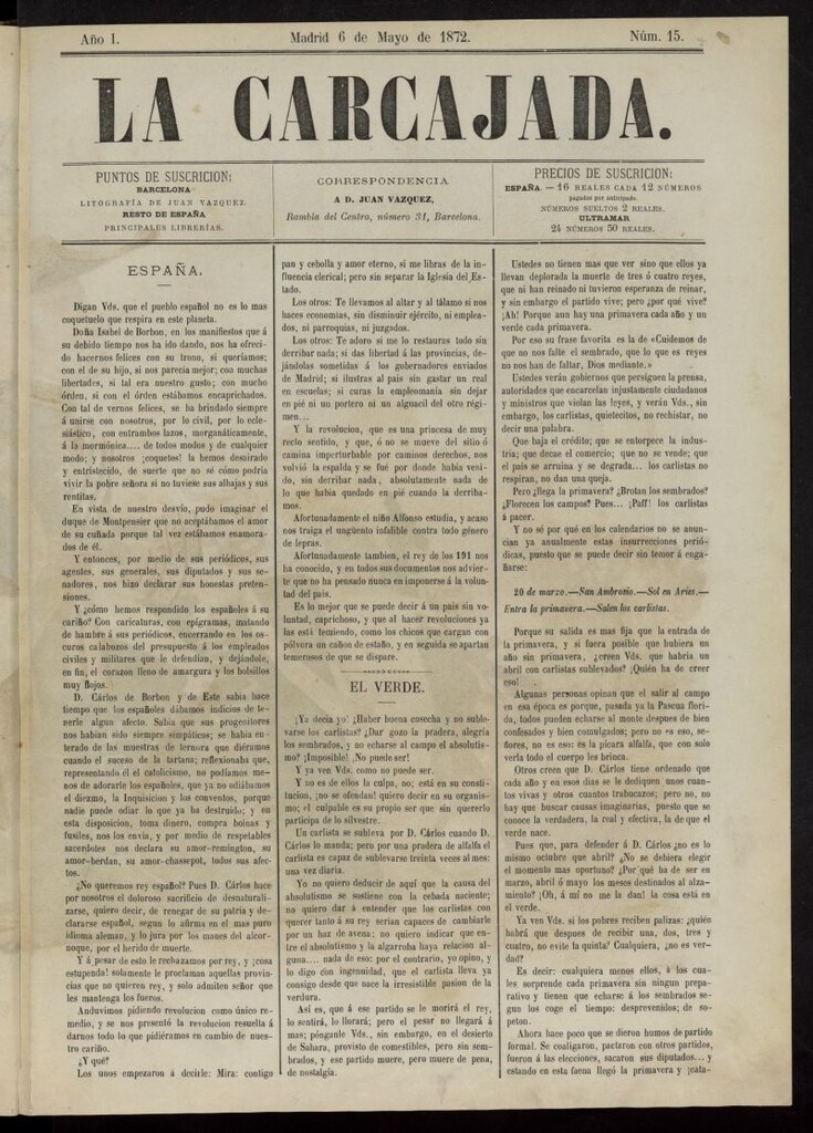 Miniatura de La Carcajada del 6 de amyo de 1872, nº 15