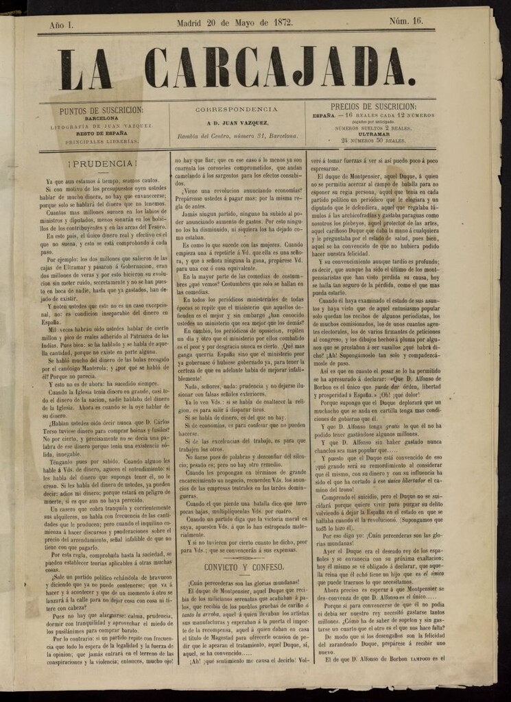 Miniatura de La Carcajada del 20 de mayo de 1872, nº 16