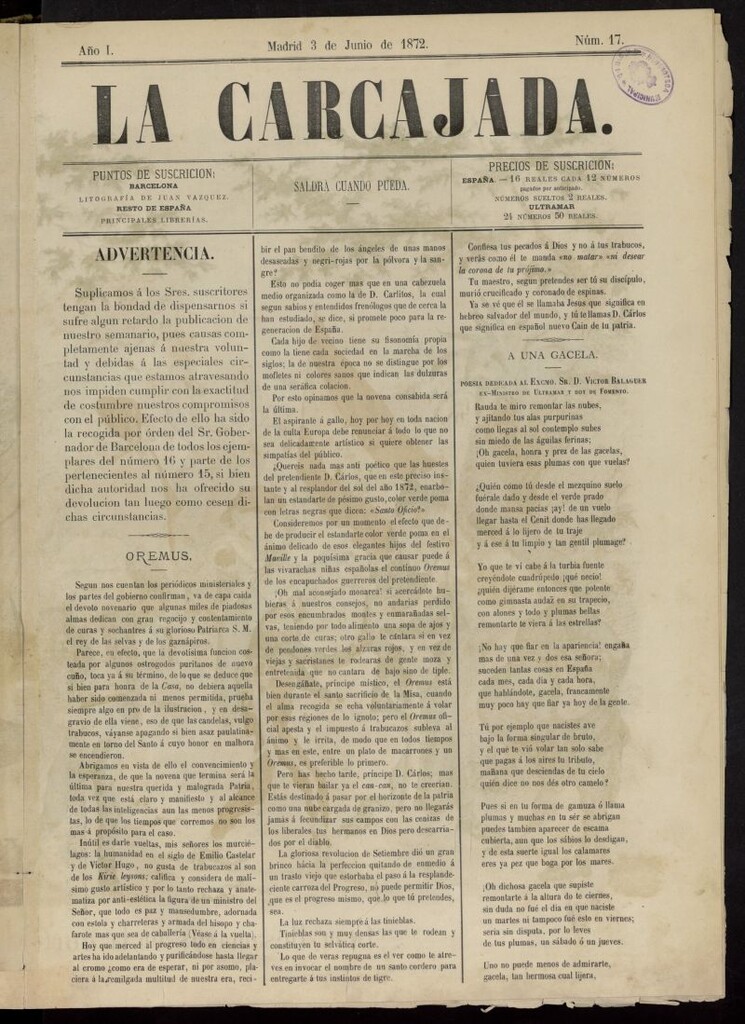 Miniatura de La Carcajada del 3 de junio de 1872, nº 17
