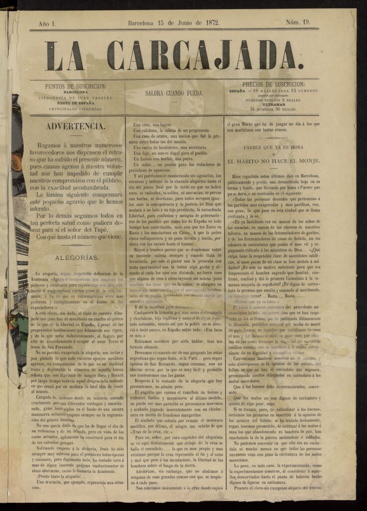 Miniatura de La Carcajada del 15 de junio de 1872, nº 19