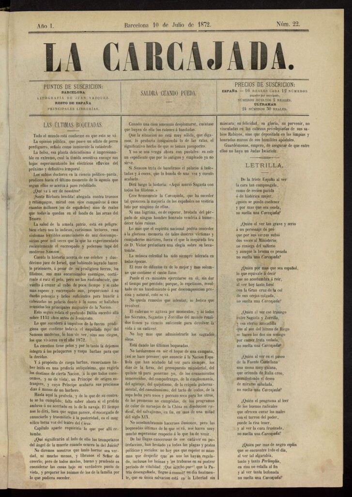 Miniatura de La Carcajada del 10 de julio de 1872, nº 22