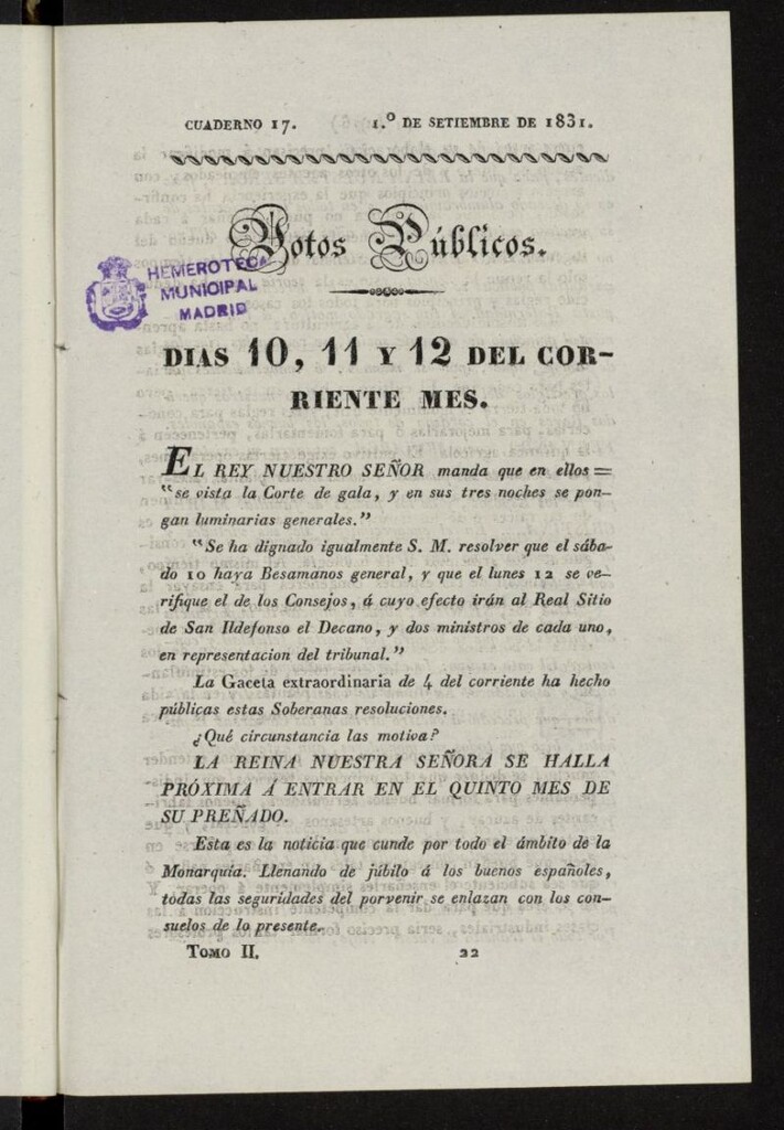 Miniatura de Cartas Españolas del 1 de septiembre de 1831, cuaderno 17