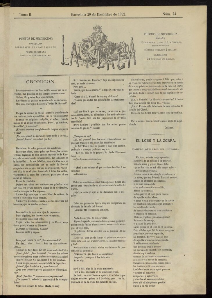 Miniatura de La Carcajada del 20 de diciembre de 1872, nº 44