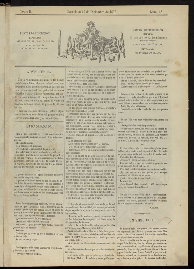 Miniatura de La Carcajada del 29 de diciembre de 1872, nº 45