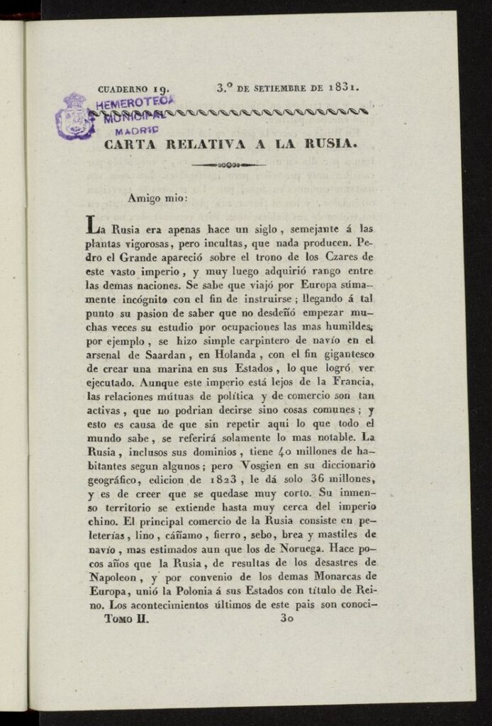 Miniatura de Cartas Españolas del 3º de septiembre de 1831, cuaderno 19
