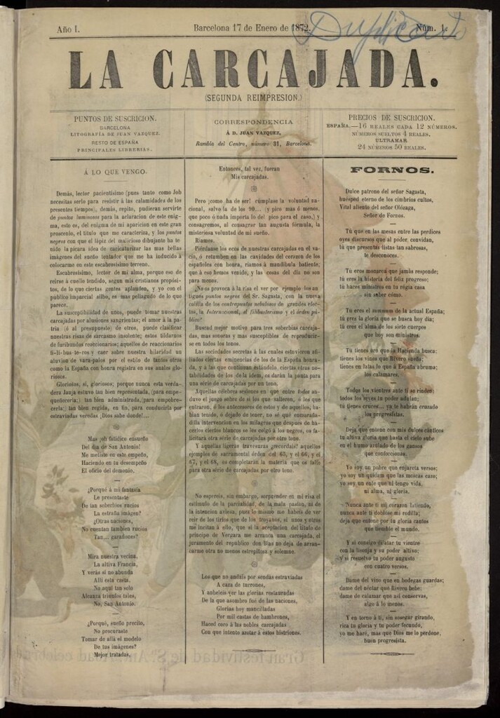 Miniatura de La Carcajada del 17 de enero de 1872, nº 1