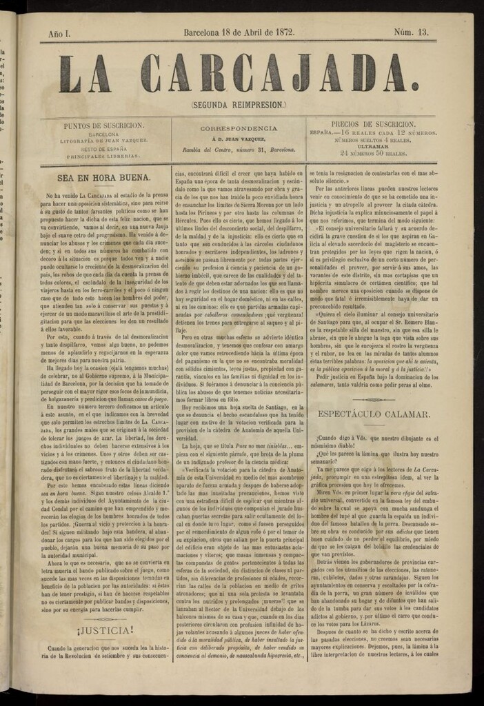Miniatura de La Carcajada del 18 de abril de 1872, nº 13