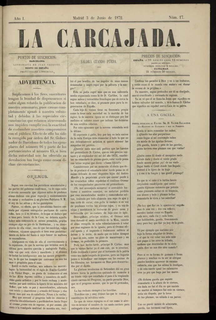 Miniatura de La Carcajada del 3 de junio de 1872, nº 17