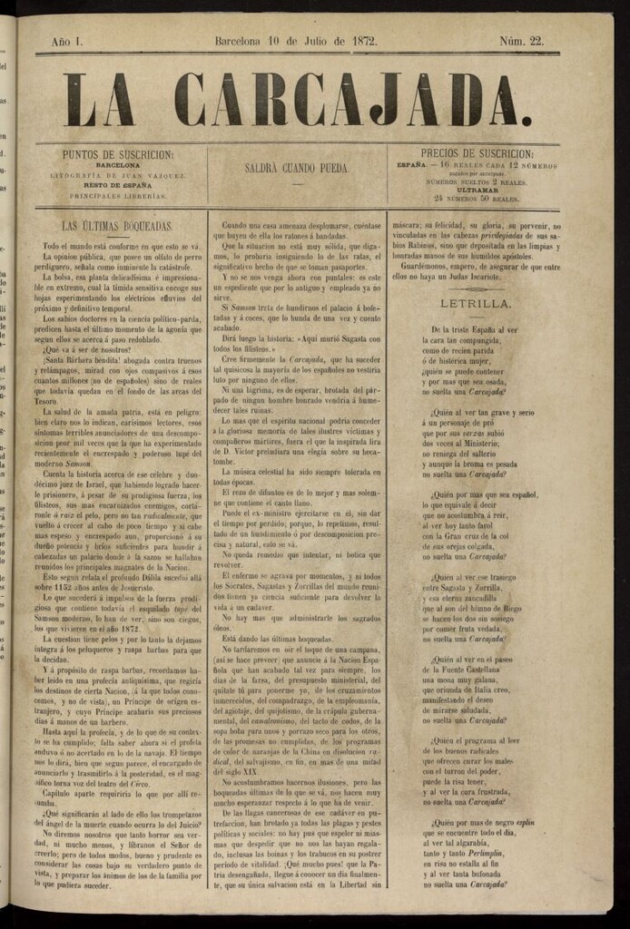 Miniatura de La Carcajada del 10 de julio de 1872, nº 22
