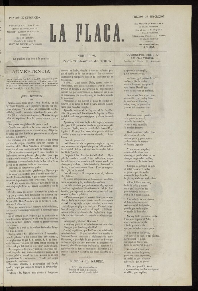Miniatura de La Flaca del 5 de diciembre de 1869, nº 25
