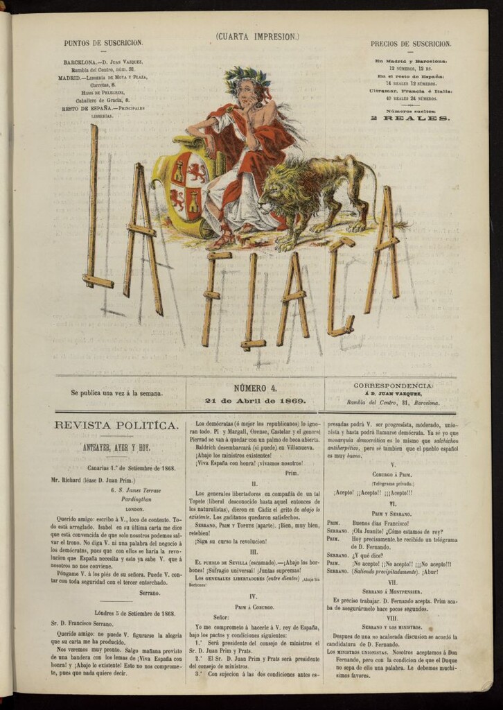 Miniatura de La Flaca del 21 de abril de 1869, nº 4 (cuarta impresión)