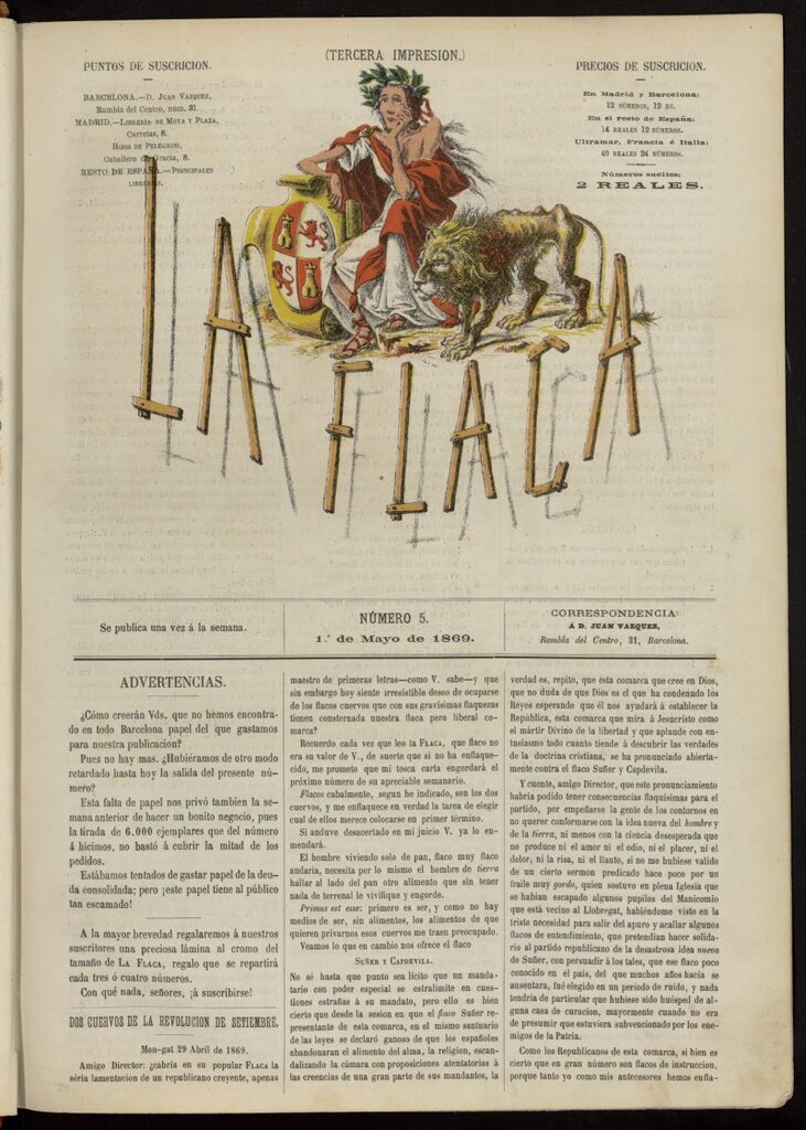 Miniatura de La Flaca del 1 de mayo de 1869, nº 5 (tercera impresión).