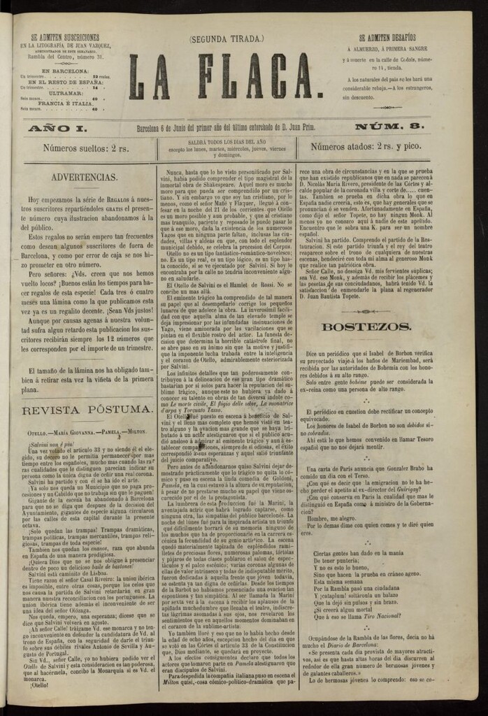 Miniatura de La Flaca del 6 de junio de 1869, nº 8 (segunda tirada).