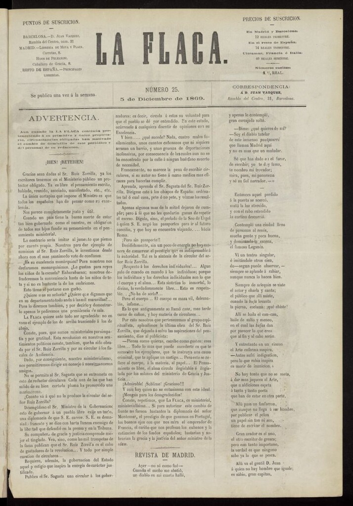 Miniatura de La Flaca del 5 de diciembre de 1869, nº 25