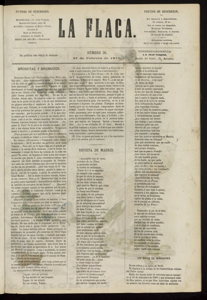 Miniatura de La Flaca del 27 de febrero de 1870, nº 36
