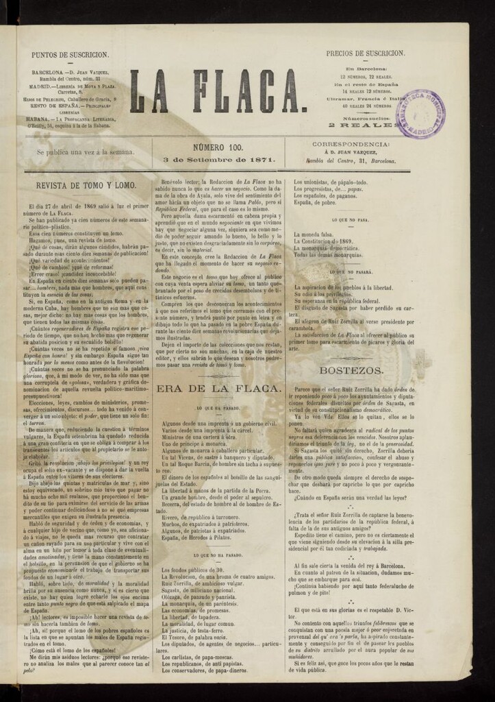 Miniatura de La Flaca del 3 de septiembre de 1871, nº 100
