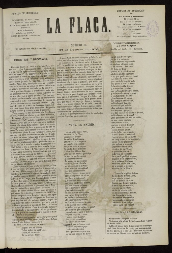 Miniatura de La Flaca del 27 de febrero de 1870, nº 36
