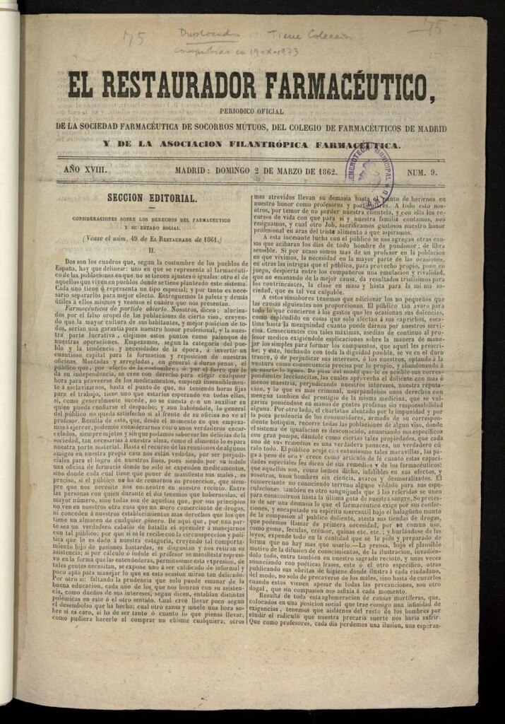 Miniatura de El Restaurador Farmacéutico: revista quincenal del 2 de marzo de 1862