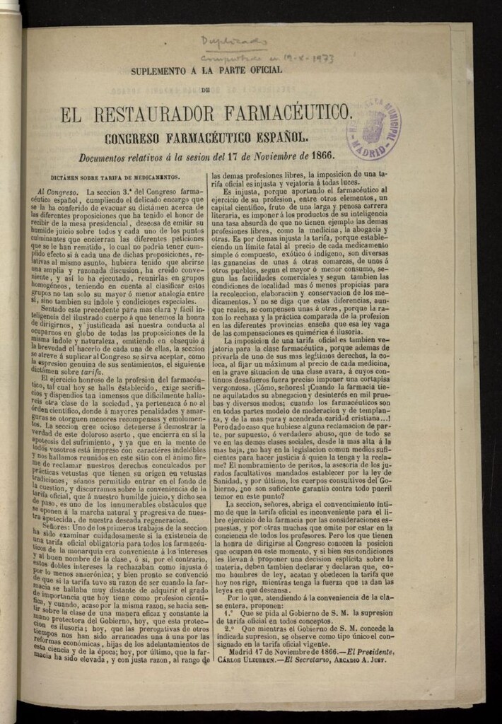Miniatura de Suplemento a la parte oficial de El Restaurador Farmacéutico. Congreso farmacéutico español del 17 noviembre de 1866