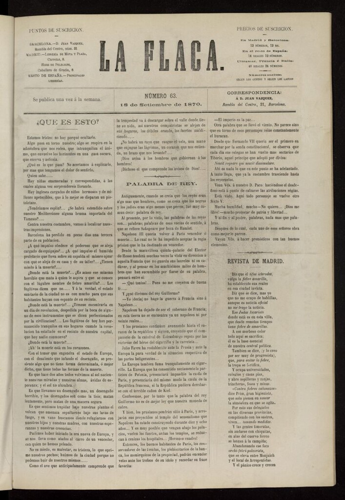 Miniatura de La Flaca del 18 de septiembre de 1870, nº 63