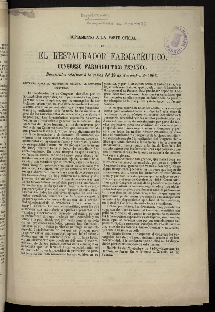 Miniatura de Suplemento a la parte oficial de El Restaurador Farmacéutico. Congreso farmacéutico español del 18 noviembre de 1866