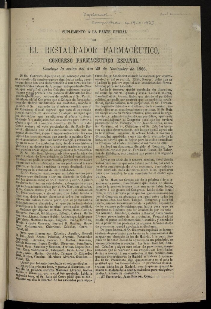 Miniatura de Suplemento a la parte oficial de El Restaurador Farmacéutico. Congreso farmacéutico español del 20 noviembre de 1866