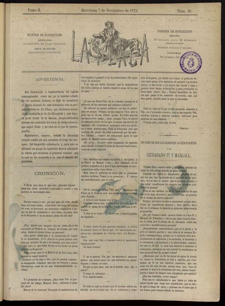 Miniatura de La Flaca del 7 de noviembre de 1872, nº 38