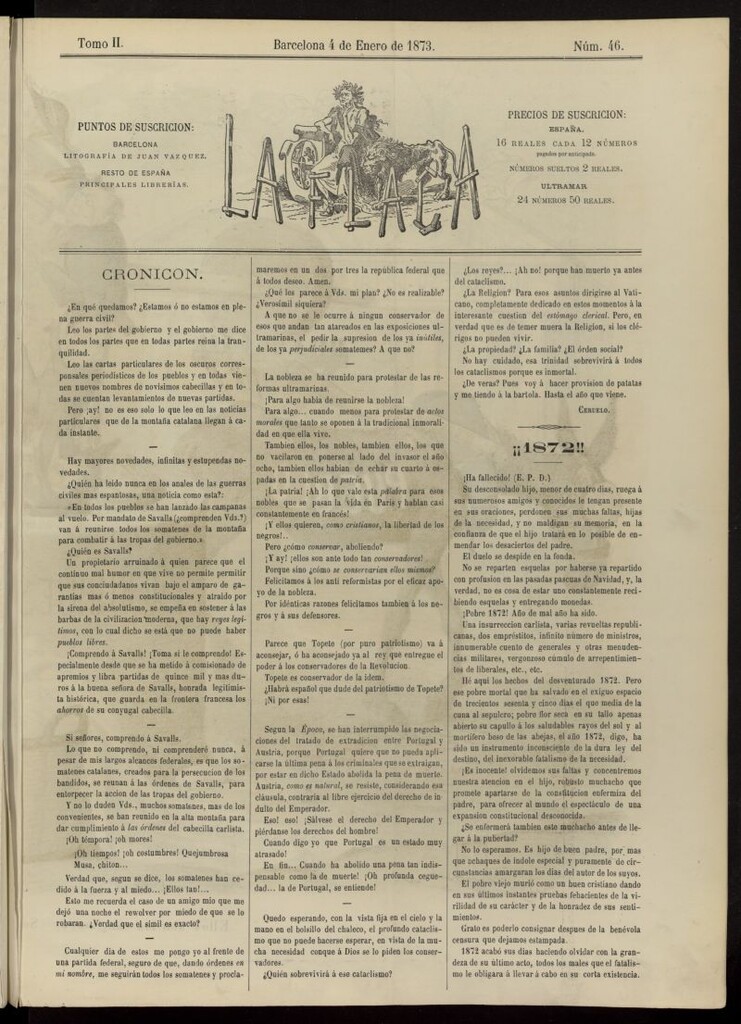 Miniatura de La Flaca del 4 de enero de 1873, nº 46