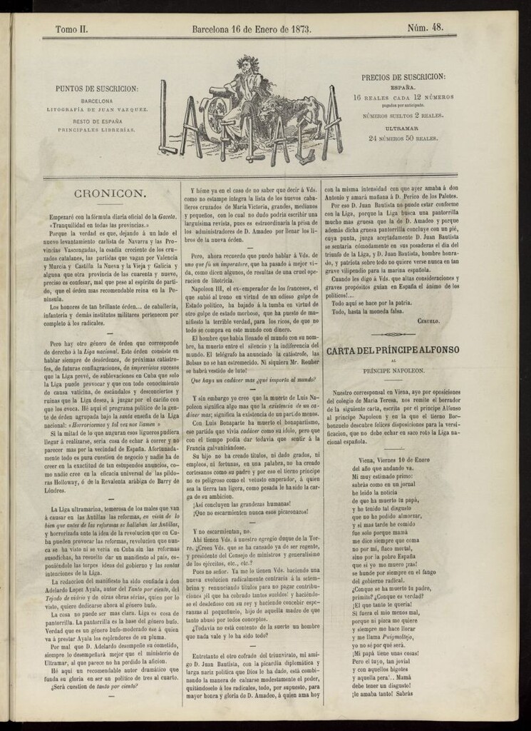 Miniatura de La Flaca del 16 de enero de 1873, nº 48
