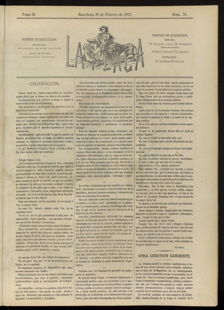Miniatura de La Flaca el 28 de febrero de 1873, nº 54