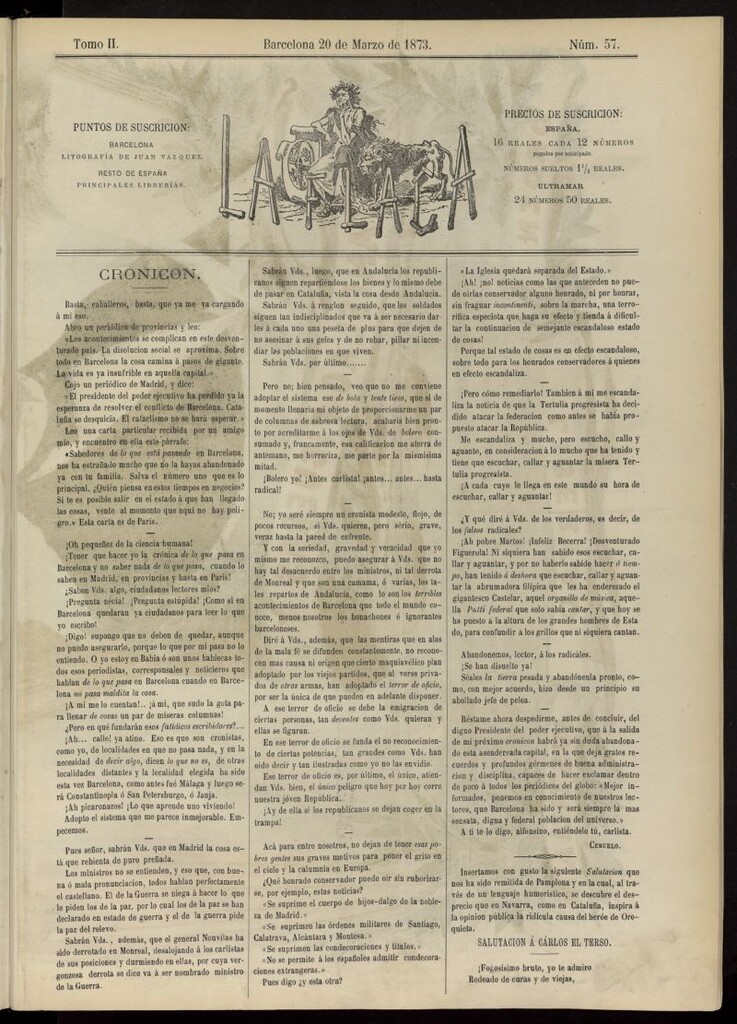 Miniatura de La Flaca del 20 de marzo de 1873, nº 57