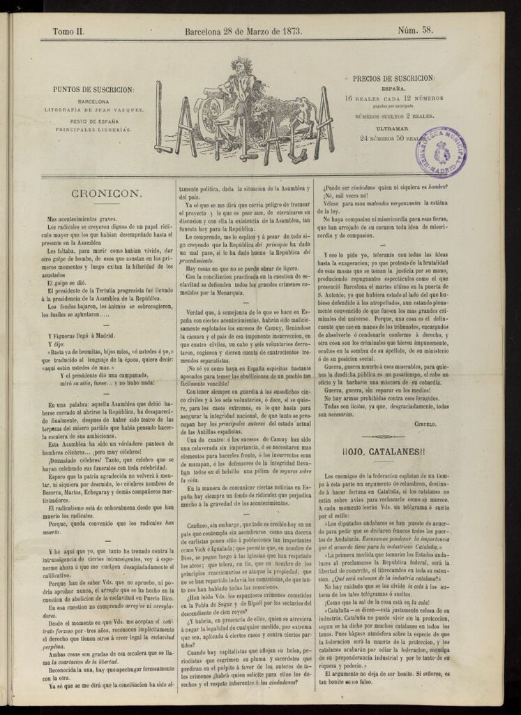 Miniatura de La Flaca del 28 de marzo de 1873, nº 58
