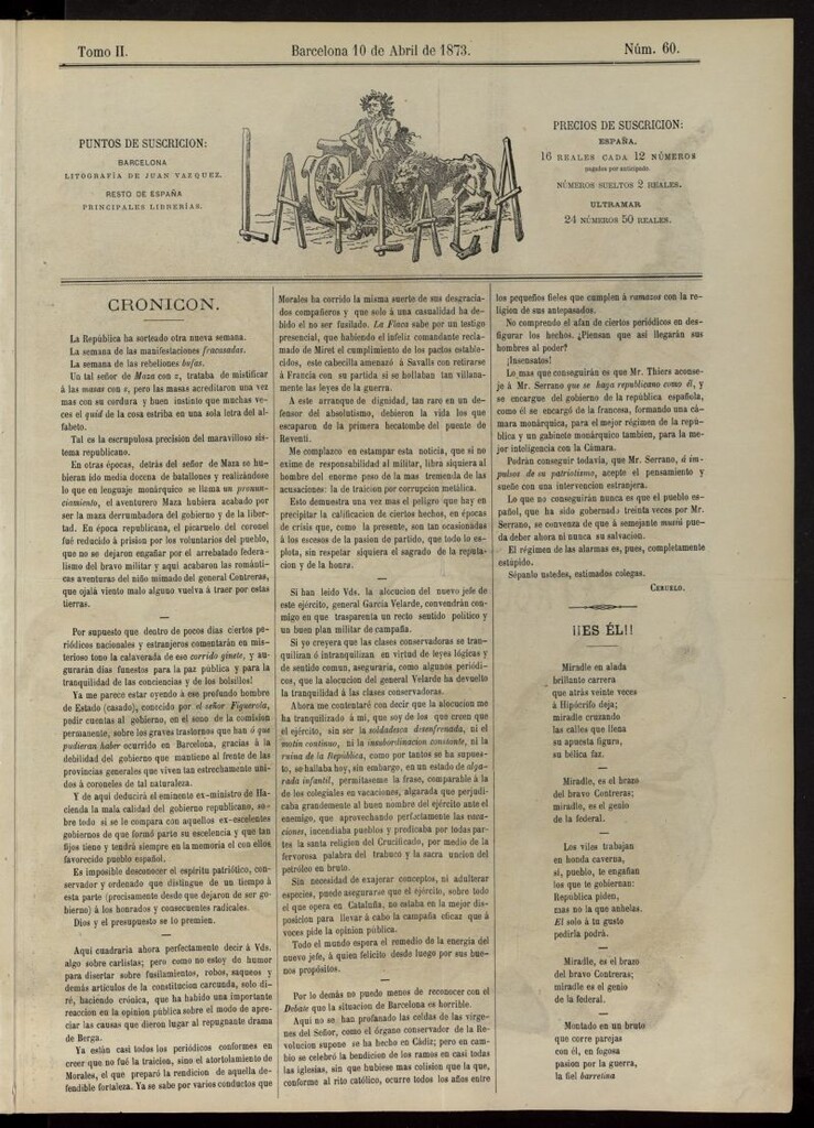 Miniatura de La Flaca del 10 de abril de 1873, nº 60