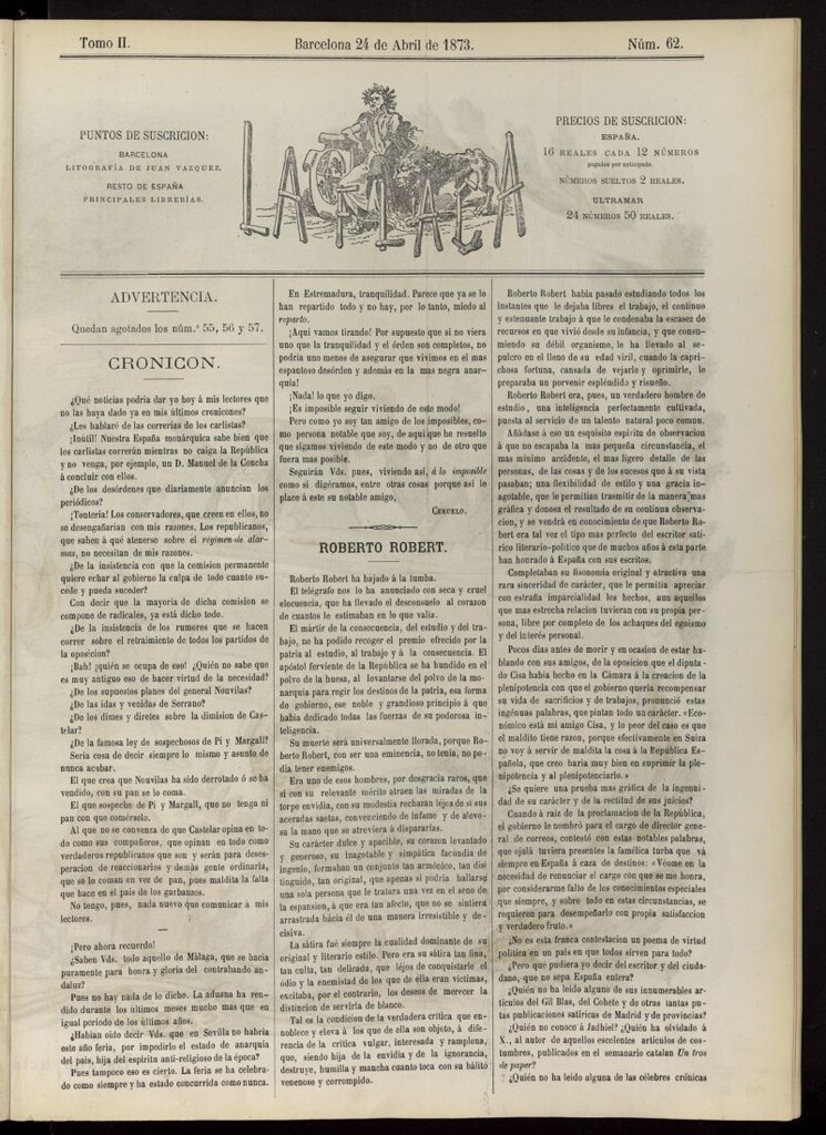 Miniatura de La Flaca del 24 de abril de 1873, nº 62