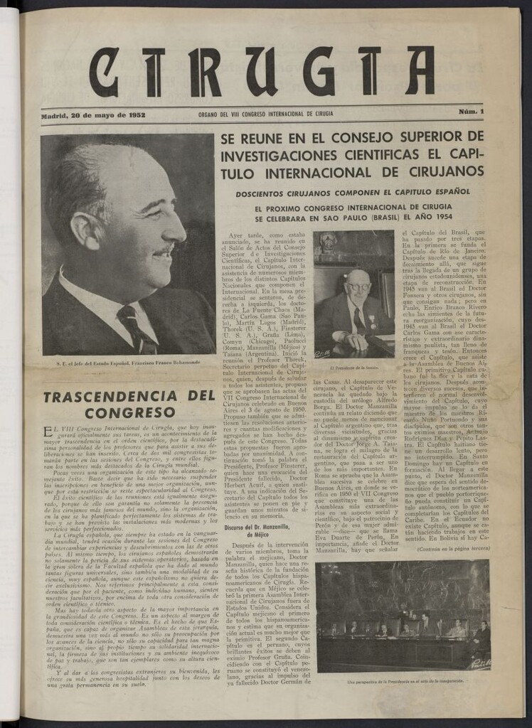 Miniatura de Cirugía: Organo del VIII Congreso Internacional de Cirugía del 20 de mayo de 1952