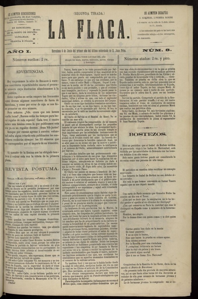 Miniatura de La Flaca del 6 de junio de 1869, nº 8 (segunda tirada).