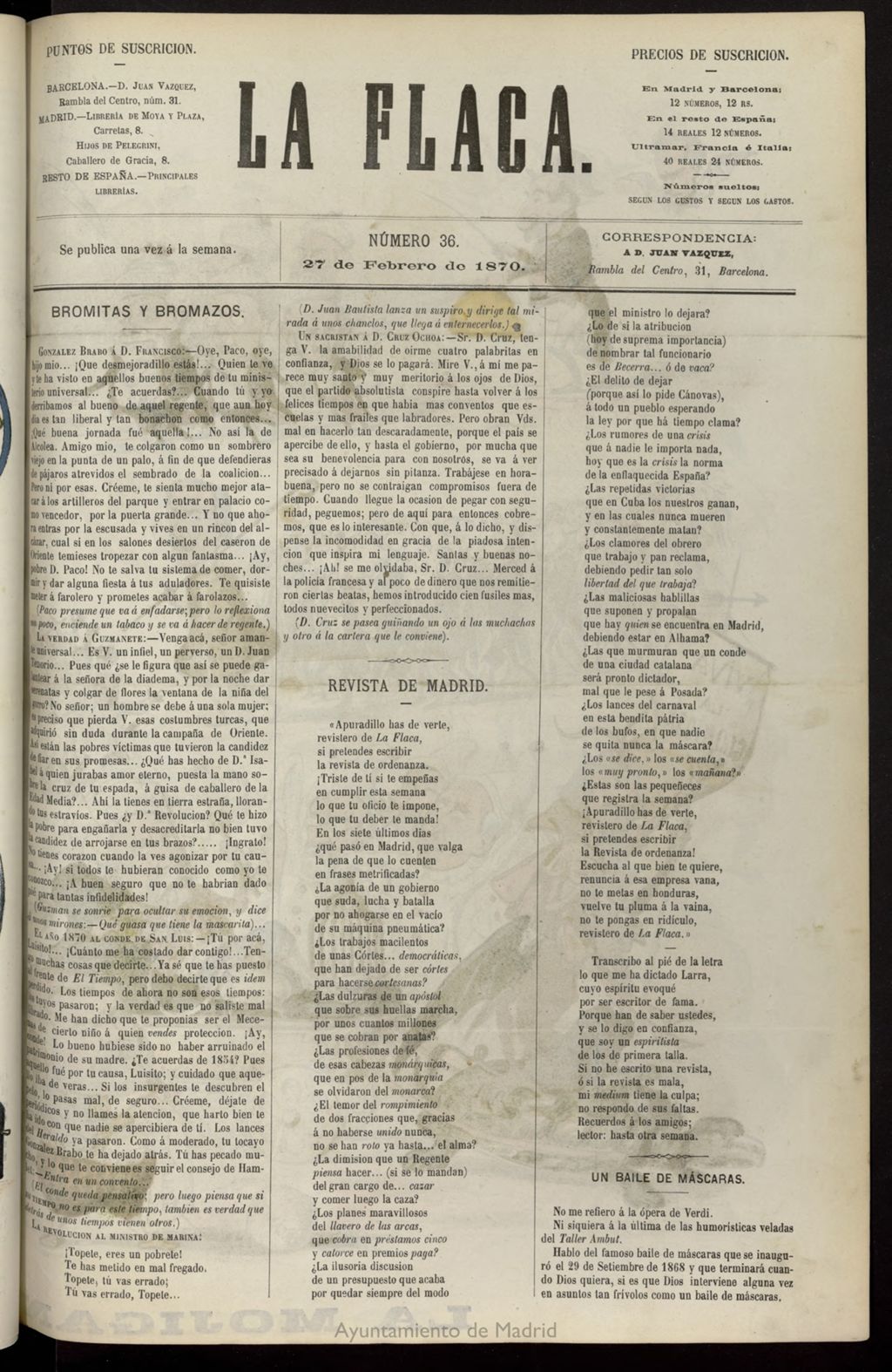Miniatura de La Flaca del 27 de febrero de 1870, nº 36