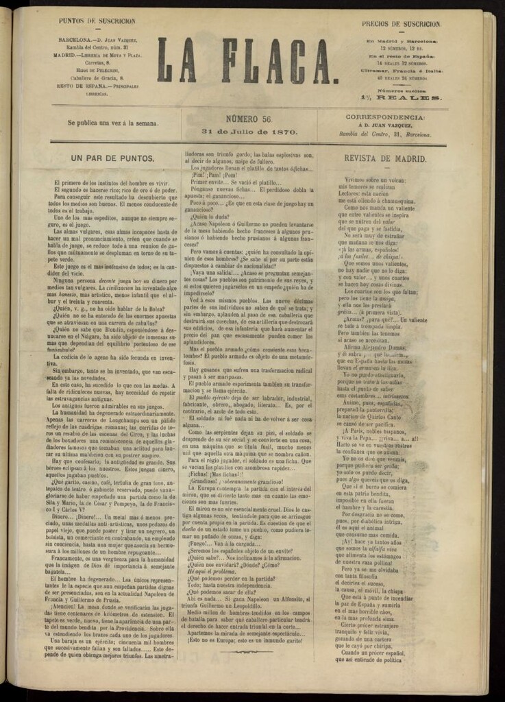 Miniatura de La Flaca del 31 de julio de 1870, nº 56
