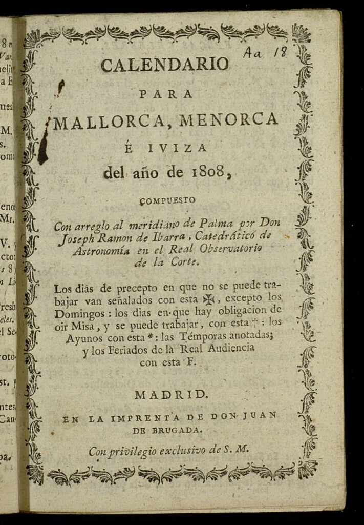 Miniatura de Calendario para Mallorca, Menorca é Iviza[sic] del año de 1808