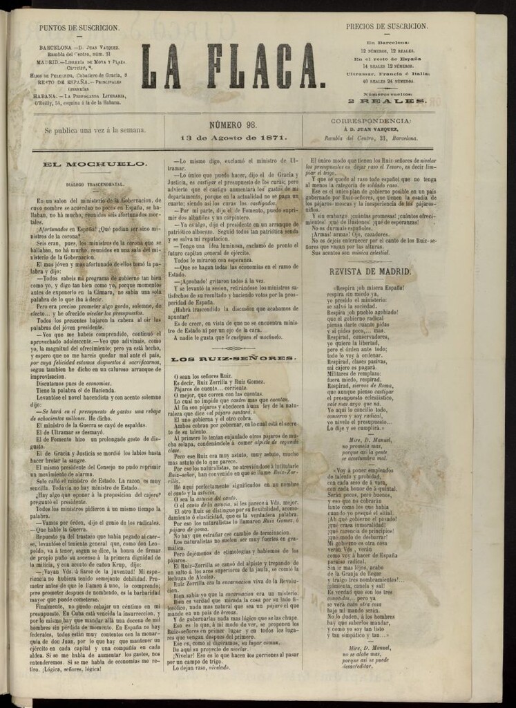 Miniatura de La Flaca del 13 de agosto de 1871, nº 98