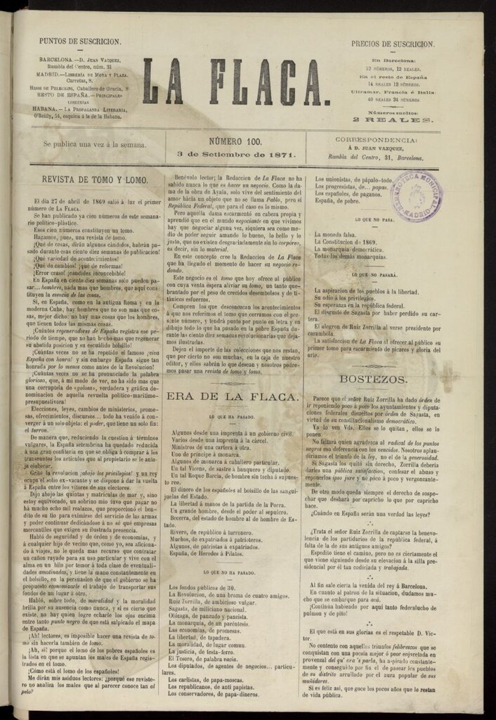 Miniatura de La Flaca del 3 de septiembre de 1871, nº 100