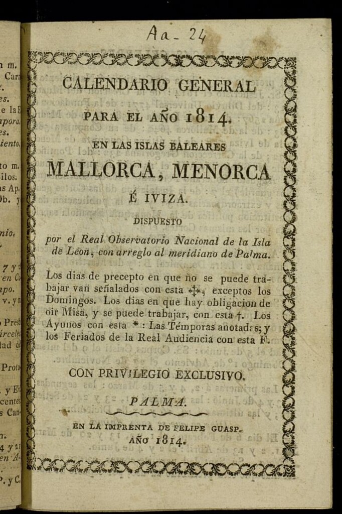 Miniatura de Calendario para Mallorca, Menorca é Iviza[sic] del año de 1814