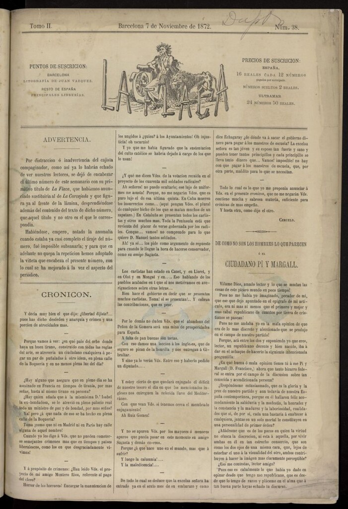 Miniatura de La Flaca del 7 de noviembre de 1872, nº 38