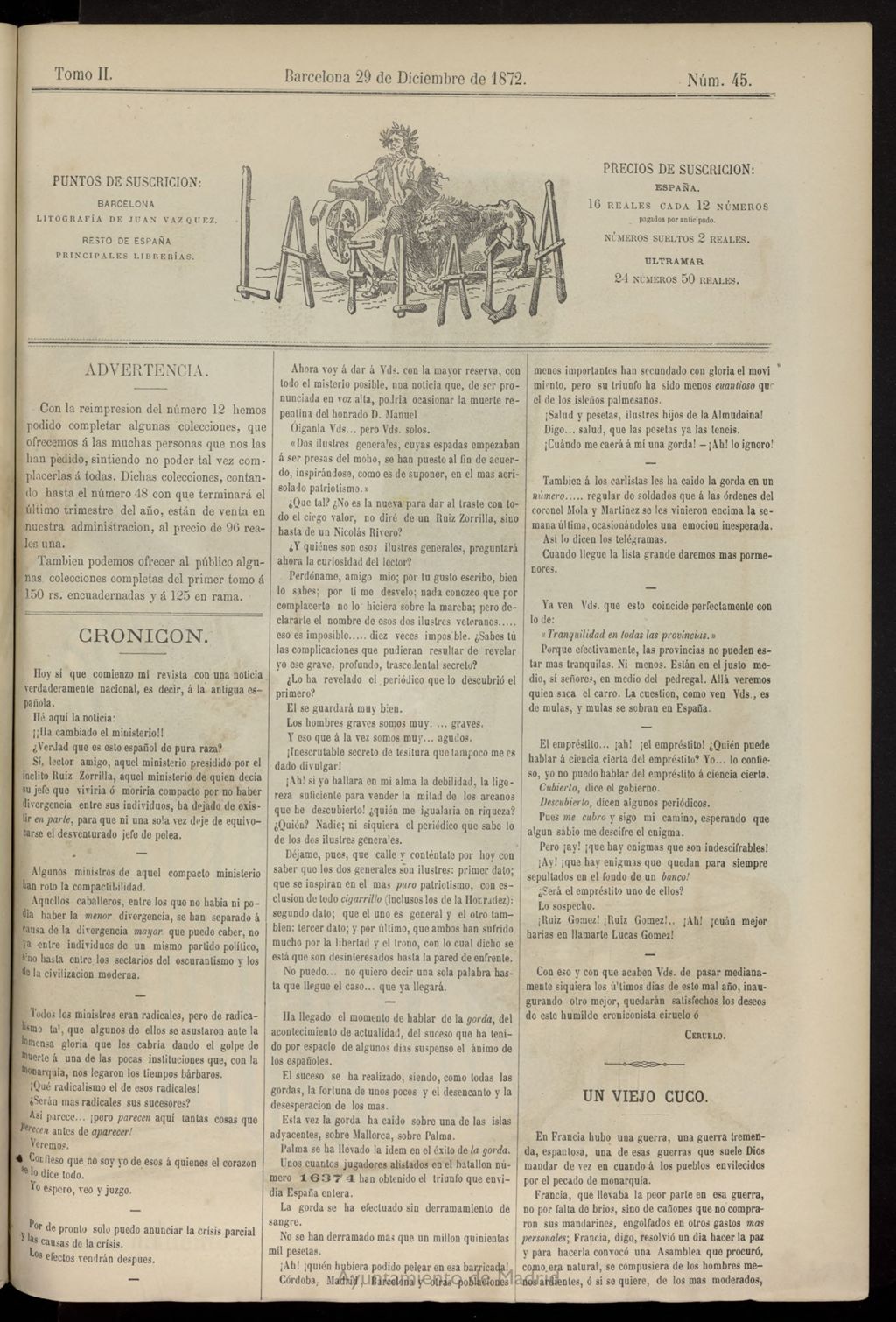 Miniatura de La Flaca del 29 de diciembre de 1872, nº 45